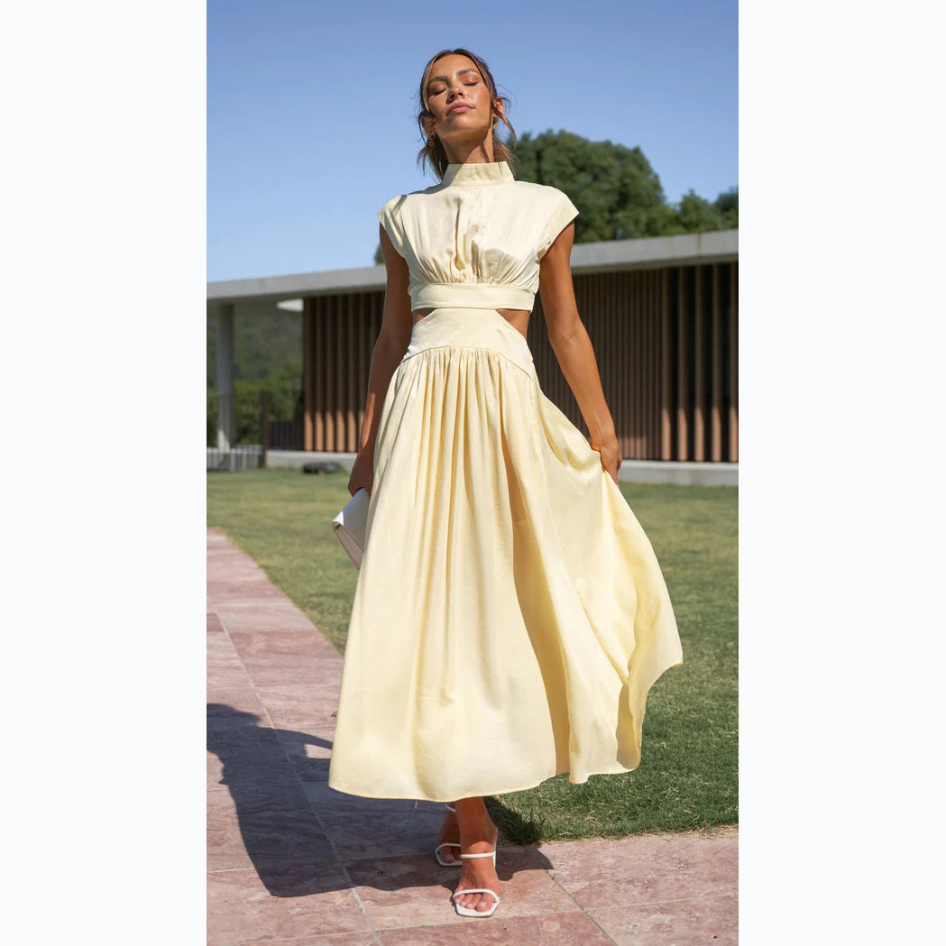 Damen Maxikleid Stehkragen Elegant Cut Out Damenkleid