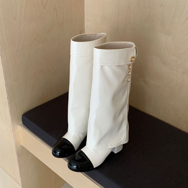 Damen Stiefel Elegante Blockabsatz Knöpfchen Detail Schuhe