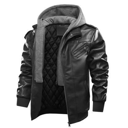 Lederjacke Herren Modern mit Kapuze Schwarz