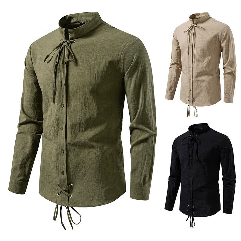 Herren Longsleeve Hemd Modern mit Kordelzug Schwarz
