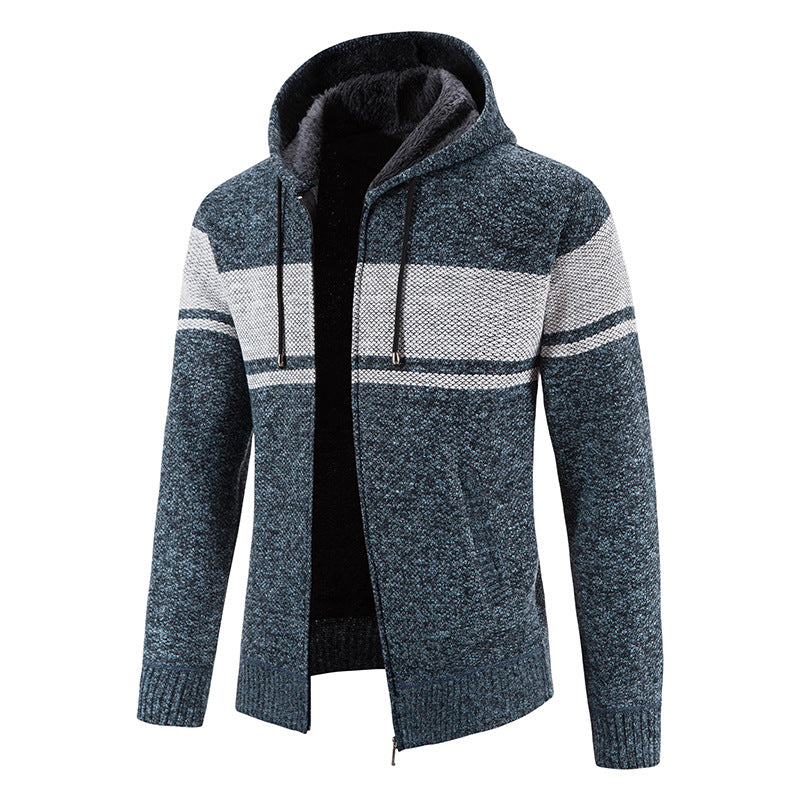 Herren Strickjacke Warm Fleece Kapuze Grau