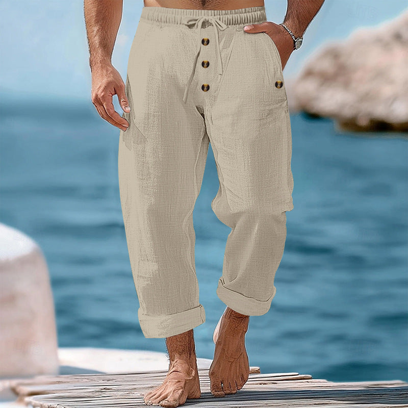 Herren Leinenhose Lässig Knopf Details Beige Sommerhose