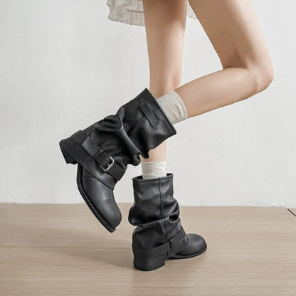 Damen Stiefeletten Lässig Falten Design Schnalle Elegant