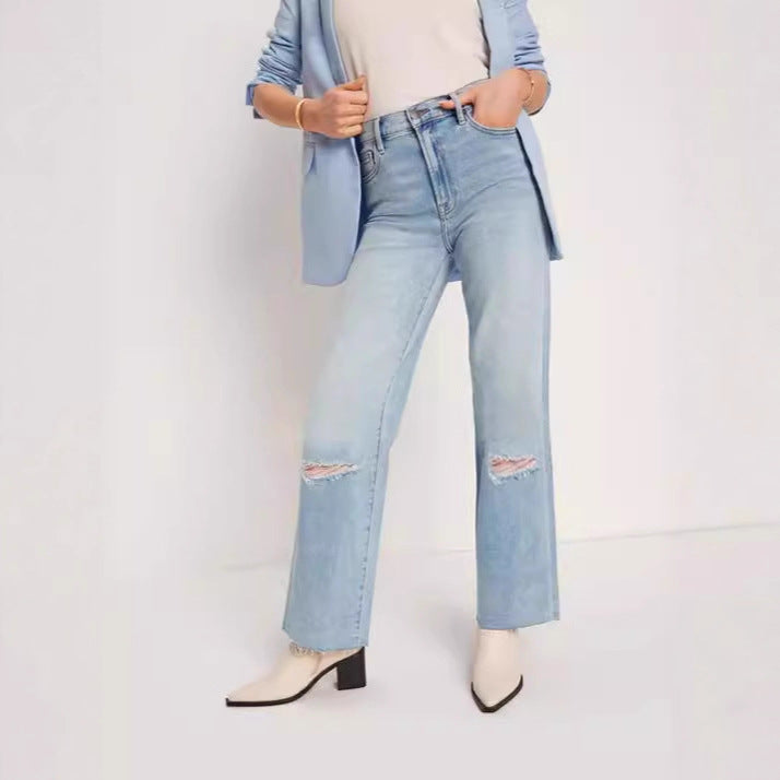 Damen High-Waist Jeans Destroyed Optik Weite Bein