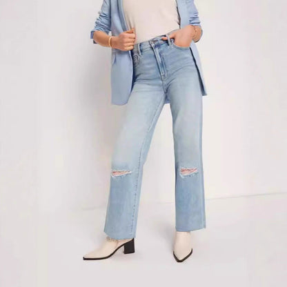 Damen High-Waist Jeans Destroyed Optik Weite Bein