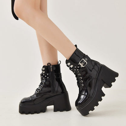 Damen Stiefeletten High-Top Plateau Schnalle Robust