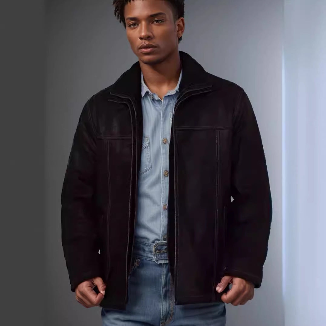 Herren Lammfelljacke Warm mit Kragen und Taschen