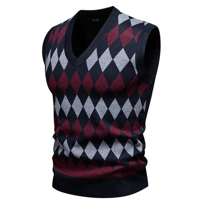 Herren Ärmelloser Pullover Rautenmuster V-Ausschnitt Modern