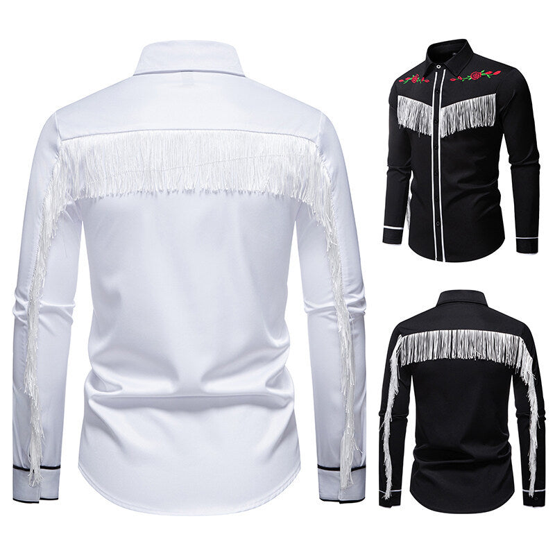 Herren Westernbluse Elegante Fransen Bestickung Cowboy Stil
