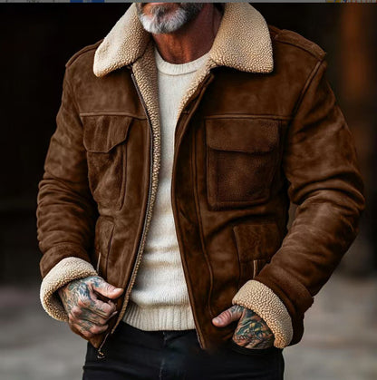 Herren Lederjacke Elegant Teddyfutter Warm