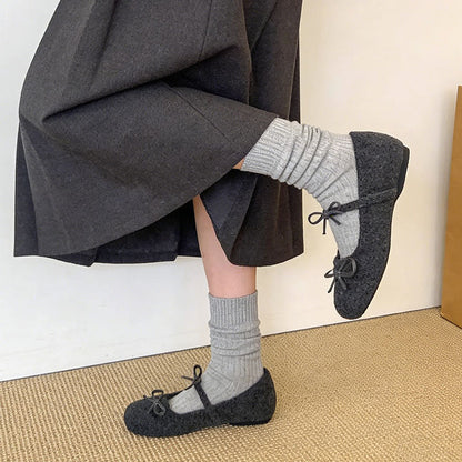 Damen Ballerinas Flauschig mit Schleifchen Weich