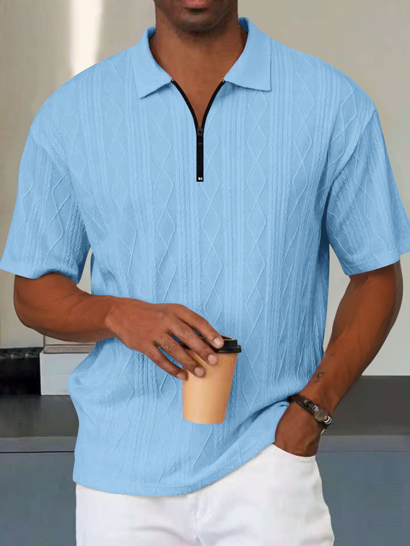 Herren Kurzarm Polo Shirt mit Reißverschluss Kragen Modern
