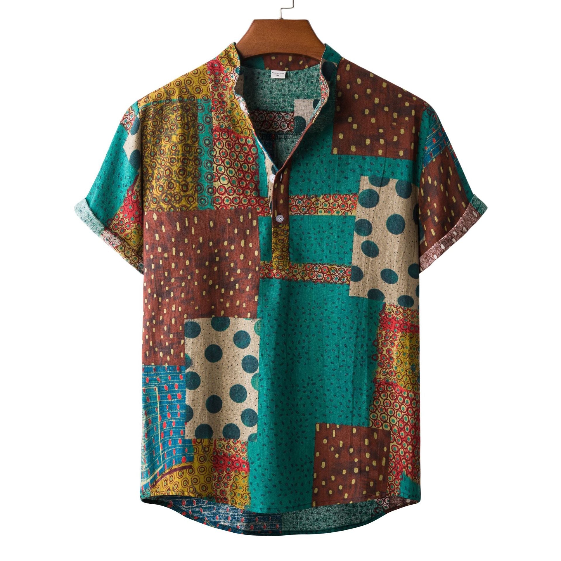 Herren Hemd Kurzarm Patchwork Design Button Down Kragen - BerlinGlamour