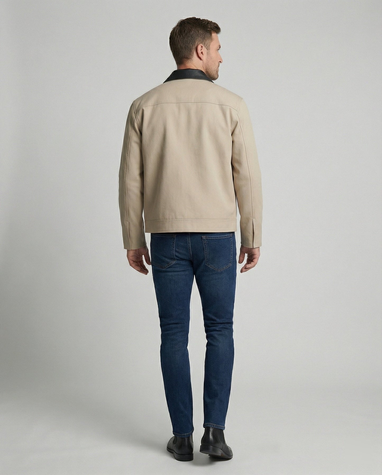 Herren Lederjacke Kurz Blouson Stil Kontrastkragen
