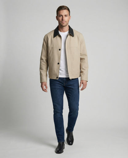 Herren Lederjacke Kurz Blouson Stil Kontrastkragen