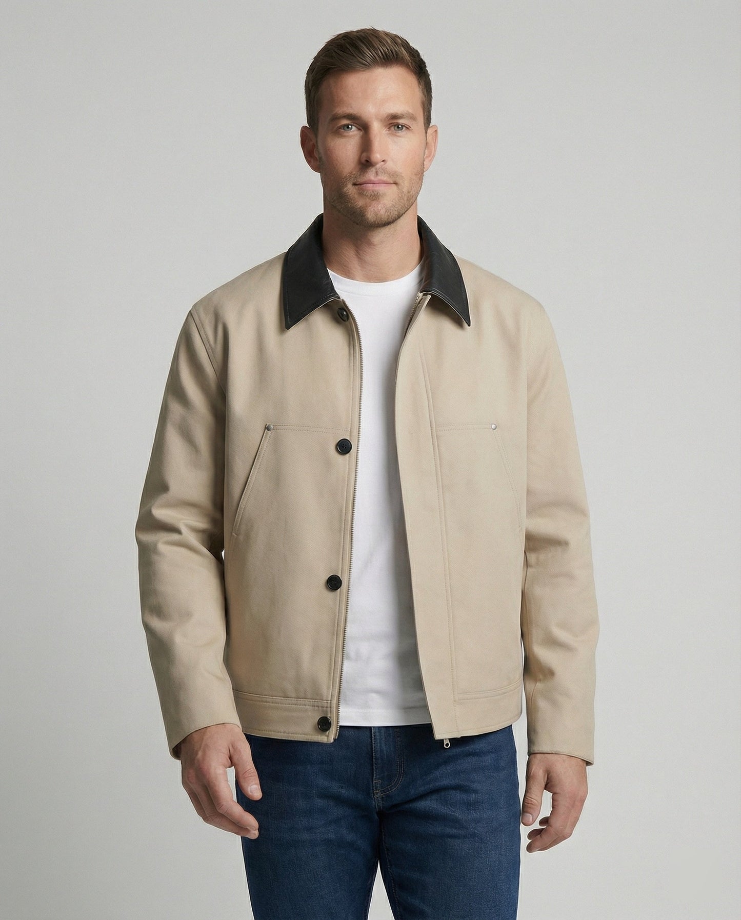 Herren Lederjacke Kurz Blouson Stil Kontrastkragen - BerlinGlamour