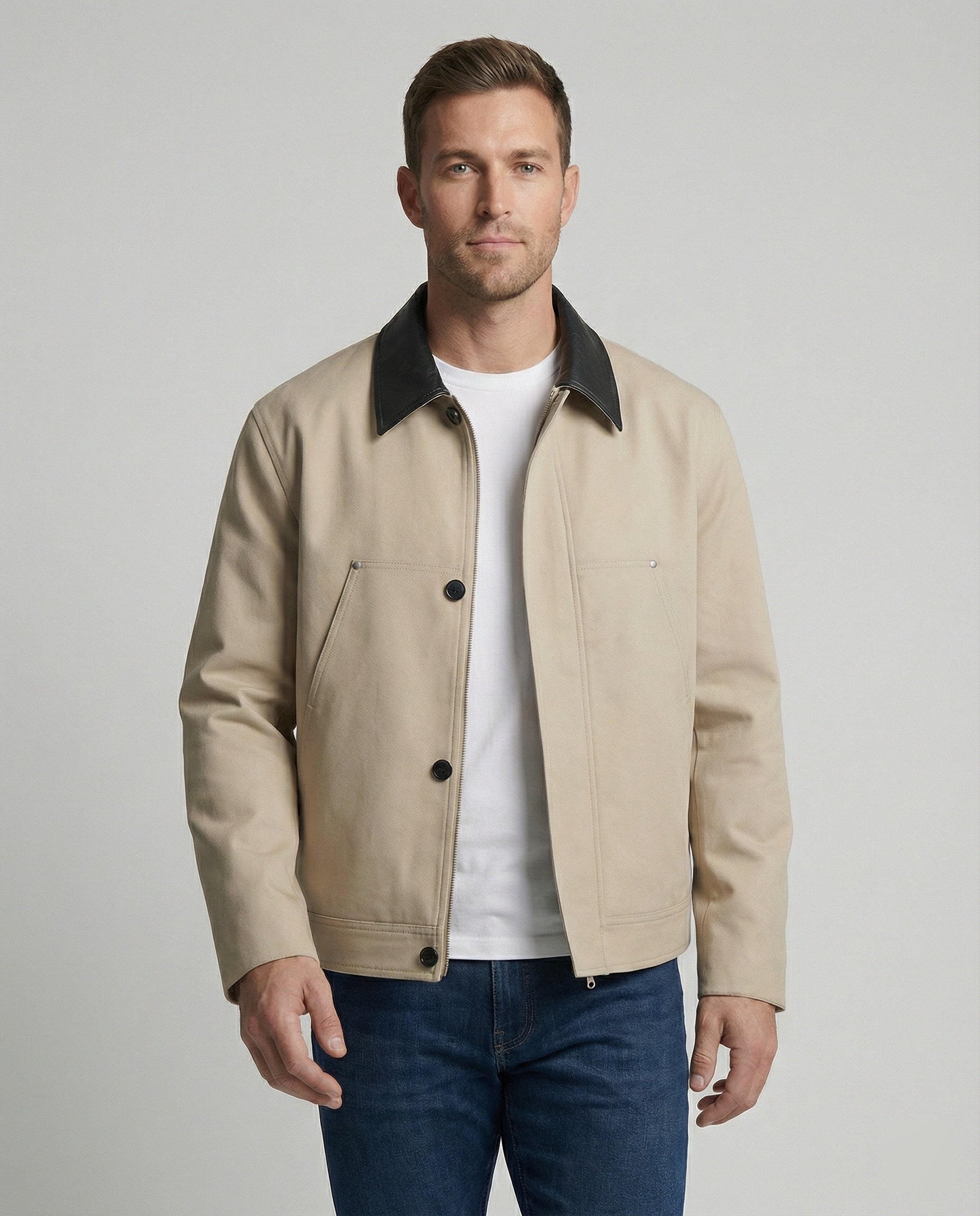 Herren Lederjacke Kurz Blouson Stil Kontrastkragen - BerlinGlamour