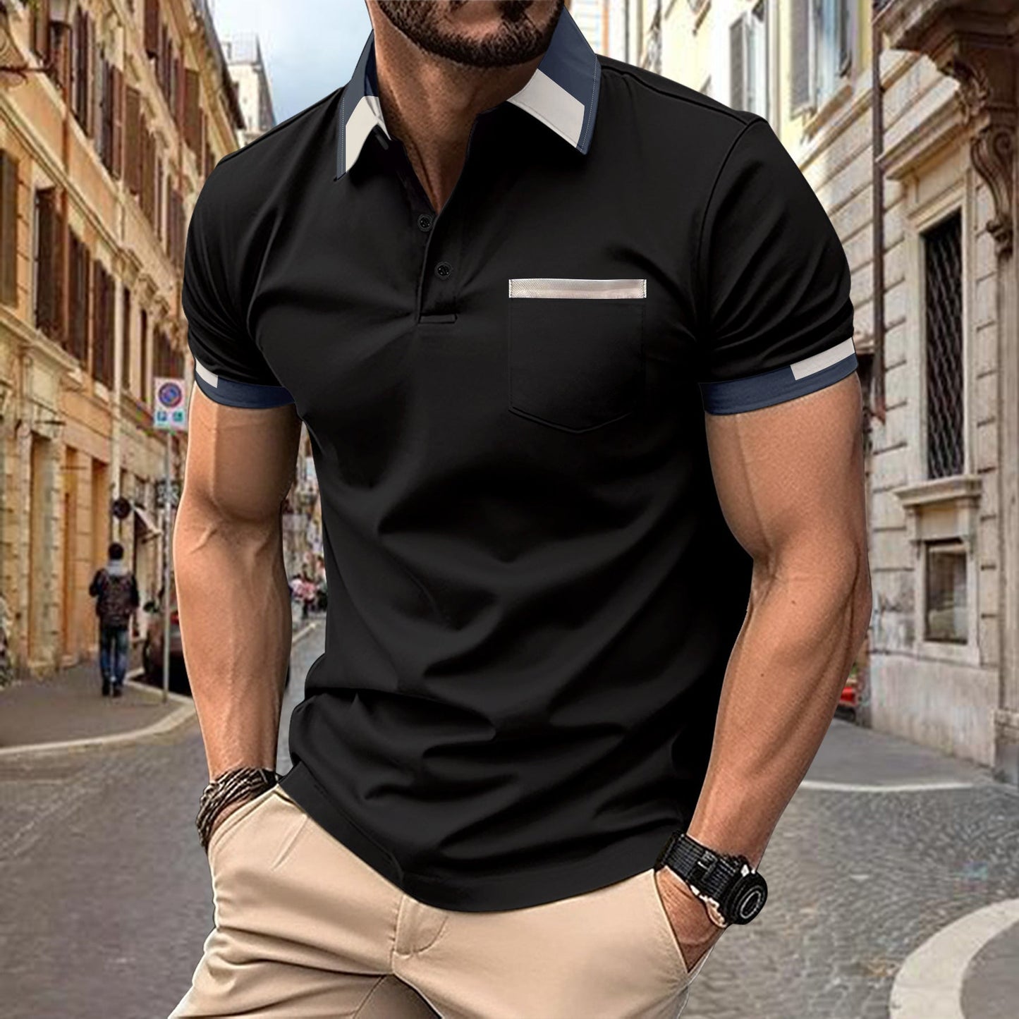 Herren Polohemd Modern Klassisch mit Brusttasche