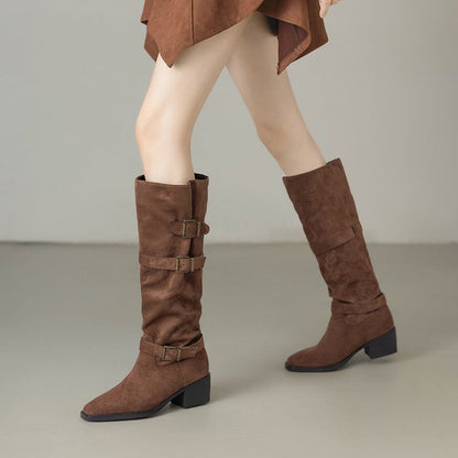 Damen Overknee Stiefel Schnalle Modisch Schwarz Frauenstiefel - BerlinGlamour