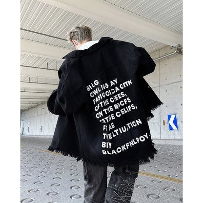 Herren Denimjacke Oversize mit Fransen und Grafik-Print Trendy