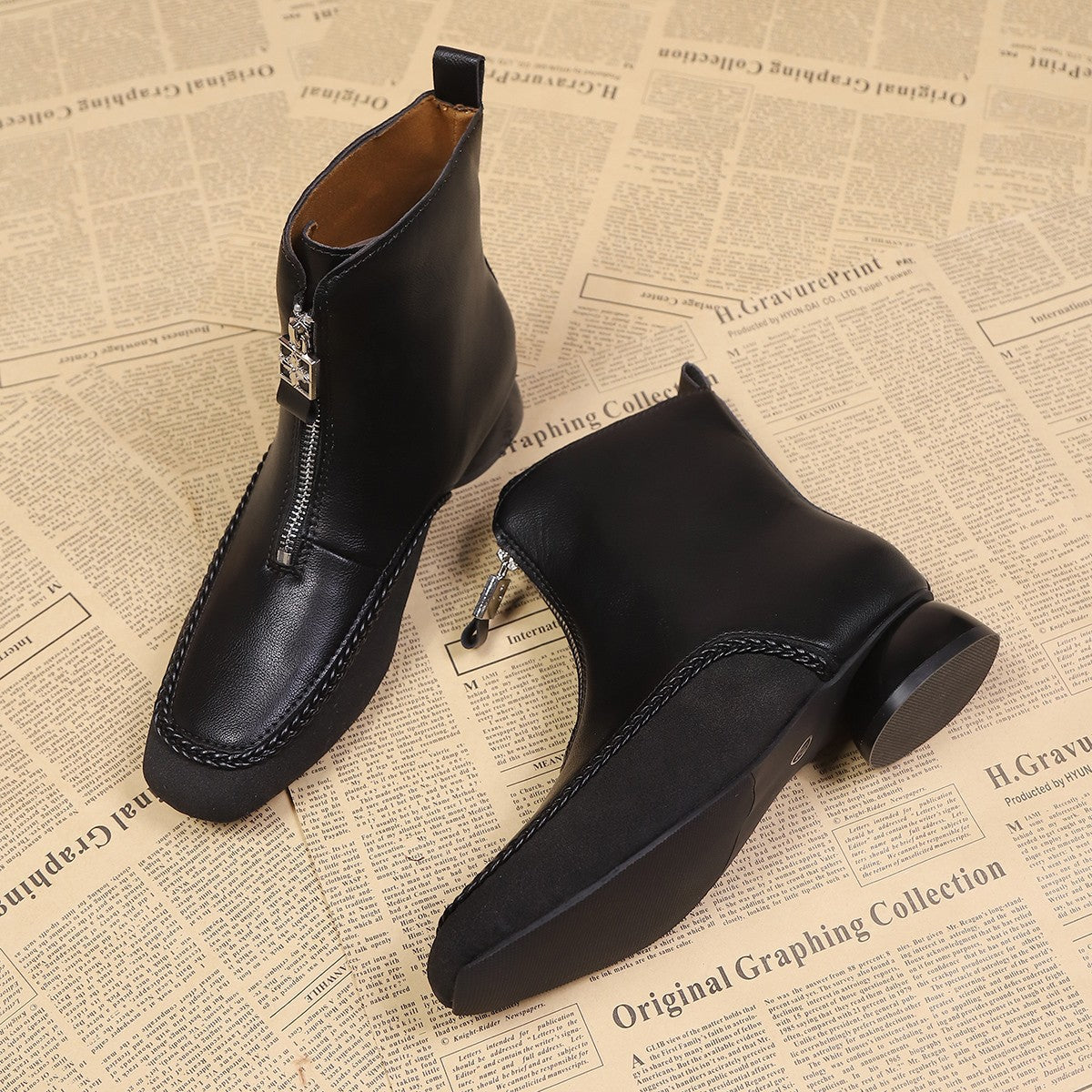 Damen Stiefel Ankle Boots Leder Reißverschluss Schmal
