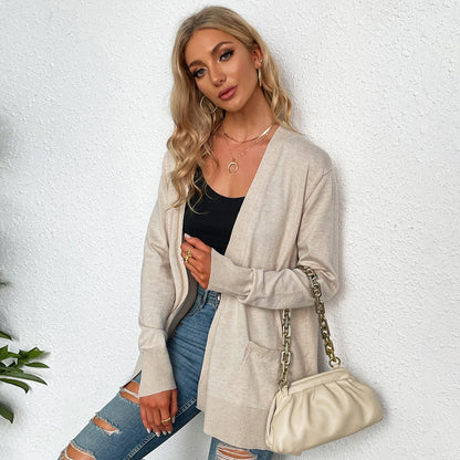 Damen Strickcardigan Lässig Mit V-Ausschnitt und Taschen
