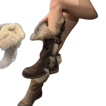 Damen Winterstiefel Flauschig Warm Schnalle Schwarz
