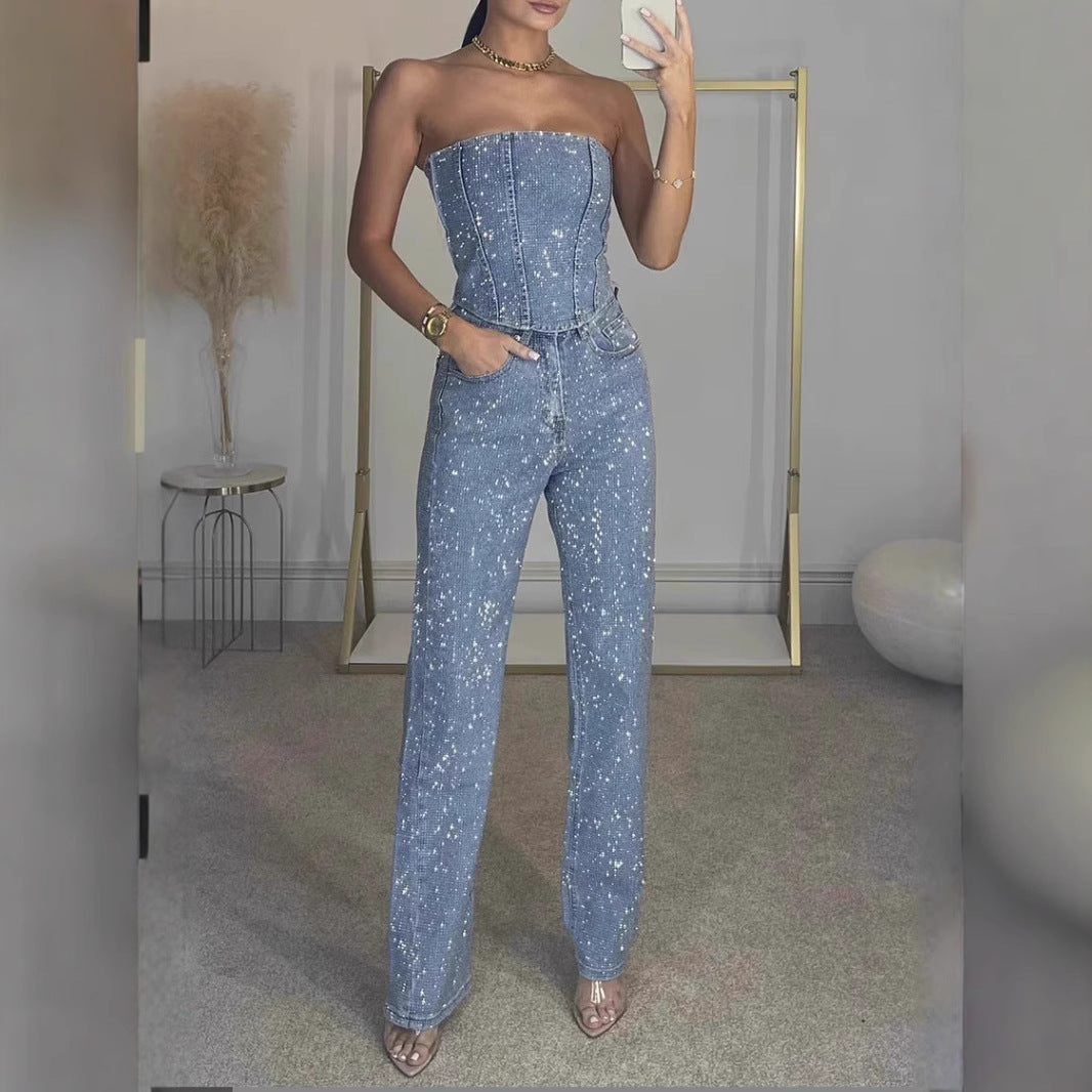 Eleganter Damen Jumpsuit Strapslos Denim