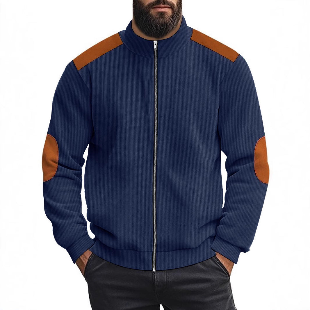 Herren Strickjacke Lederakzente Modern Kragen Hoch