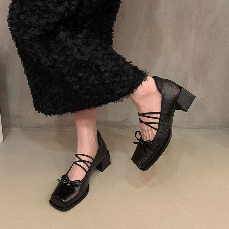 Damen Ballerinas Elegante Riemchen Schuhe Blockabsatz