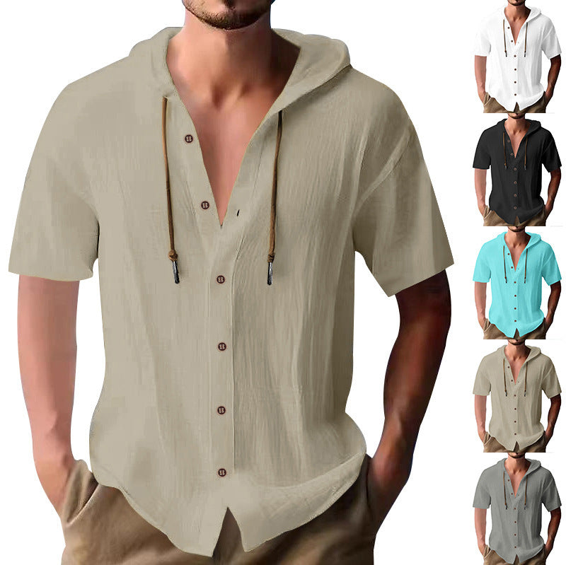 Herren Kapuzen-Hemd Kurzarm Relaxed Fit Holzknöpfe - BerlinGlamour