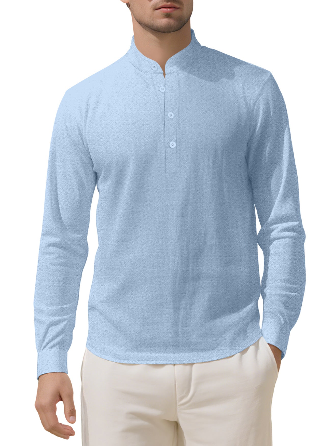 Herren Langarmhemd Elegantes Mit Stehkragen Knöpfe Modern