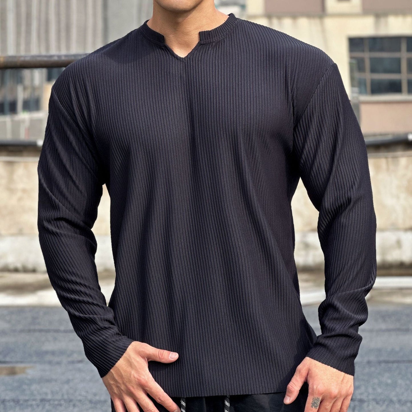 Herren Langarmshirt Stehkragen Modern Rippdesign