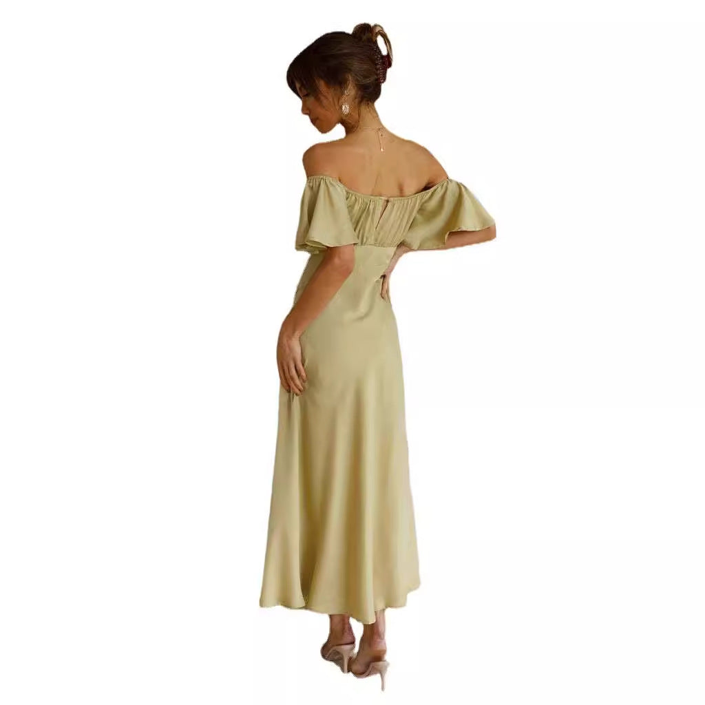 Damen Maxikleid Rüschendetails Schlitz Sommerkleid