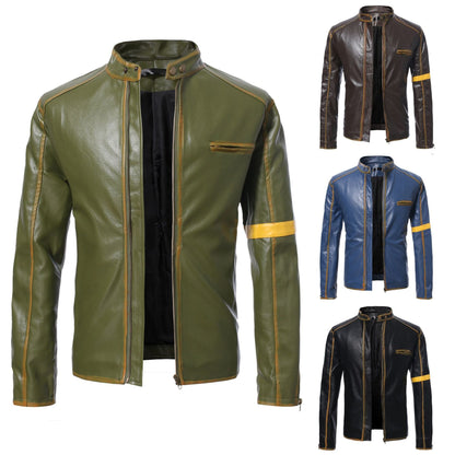 Lederjacke Herren Stehkragen Schwarz Ledermantel