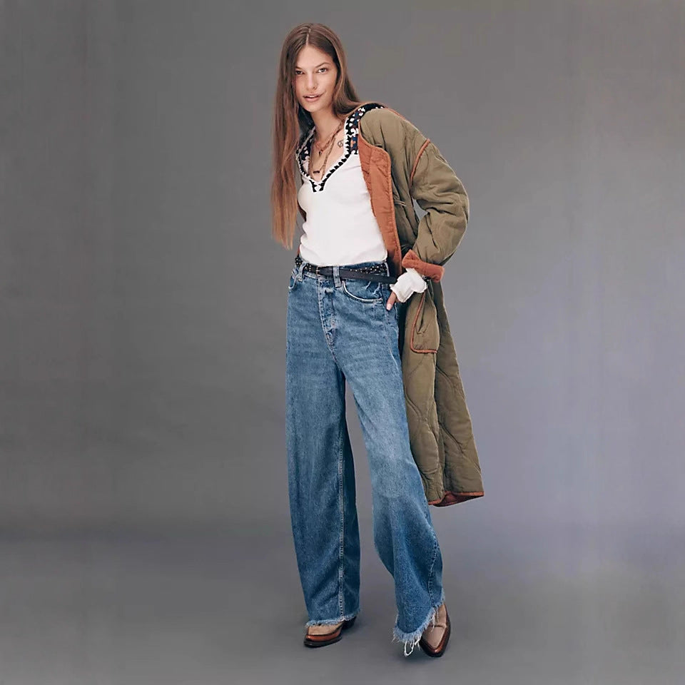 Damen High-Waist Jeans Weite Bein Fransensaum
