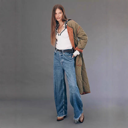 Damen High-Waist Jeans Weite Bein Fransensaum