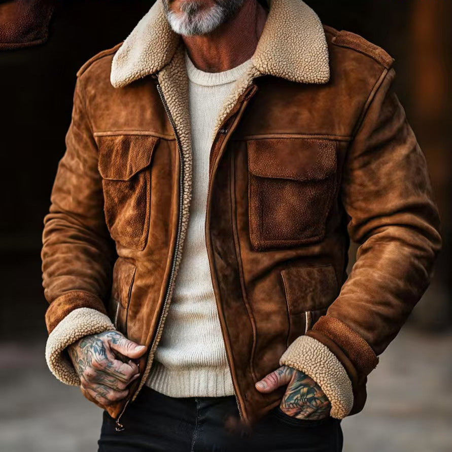 Herren Lederjacke Elegant Teddyfutter Warm