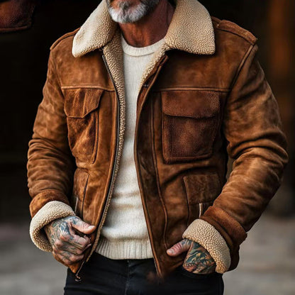Herren Lederjacke Elegant Teddyfutter Warm