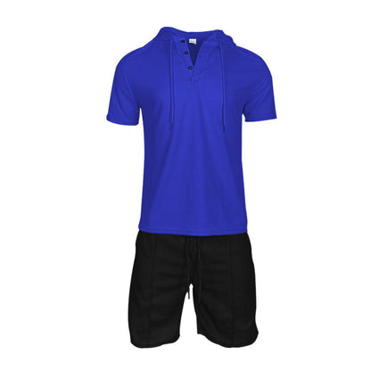 Herren Sport-Outfit Kurzarm Henley mit Kapuze und Shorts
