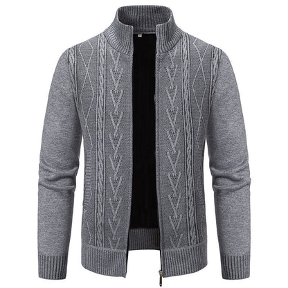 Herren Strickjacke Modern Zopfmuster Stehkragen Schwarz