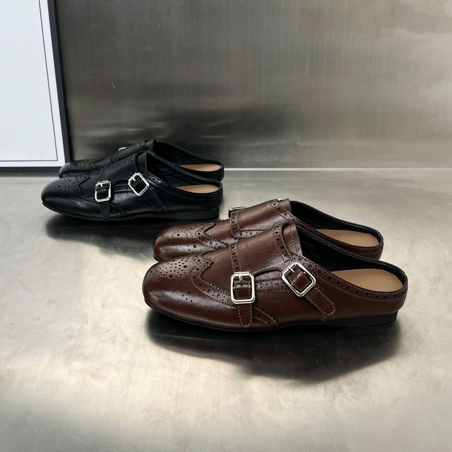Damen Mokassins Elegante Schnalle Perforiert Schwarz