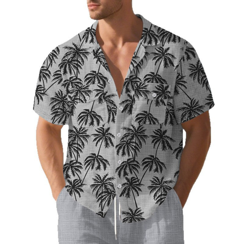Herren-Hemd Kurzarm Tropen-Muster Bequem Sommer