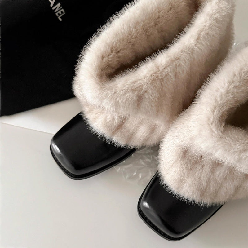 Damen Stiefeletten Luxus Kunstfell Bequem Blockabsatz