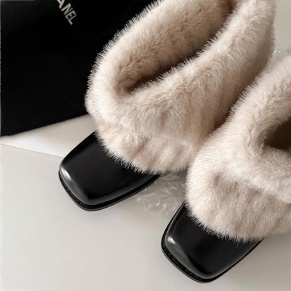 Damen Stiefeletten Luxus Kunstfell Bequem Blockabsatz