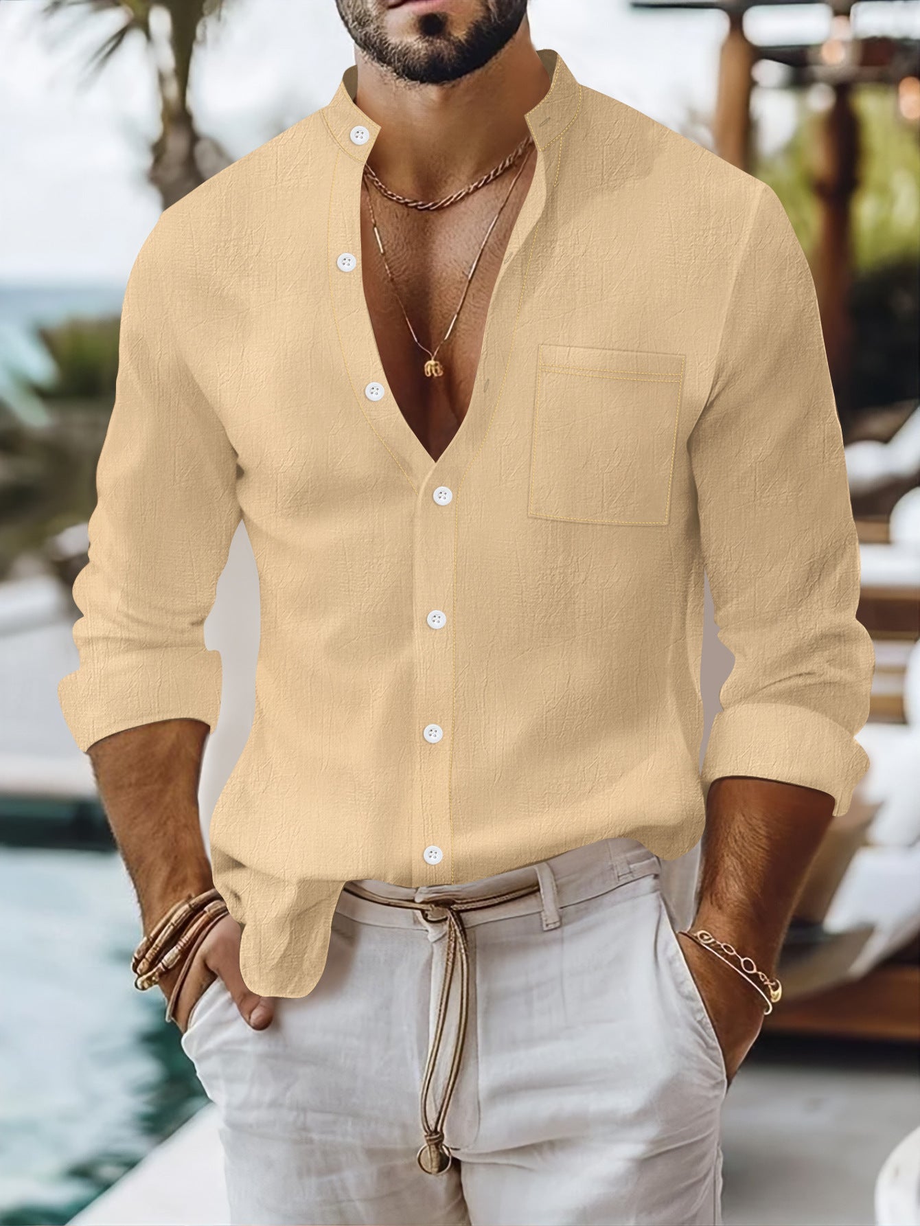 Herren Langarmhemd Modern mit Stehkragen und Brusttasche Sommer