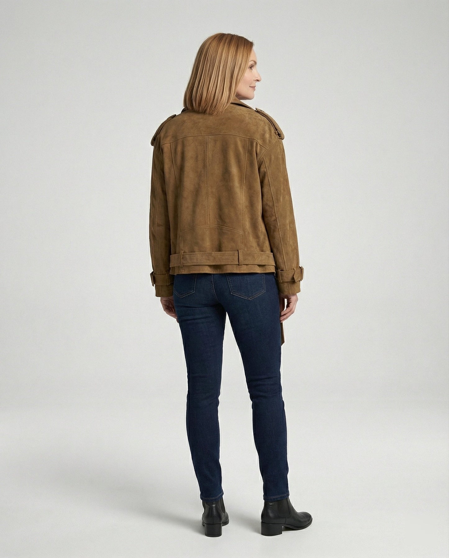 Weite Damen Bikerjacke Velours mit Taillengürtel Schwarz