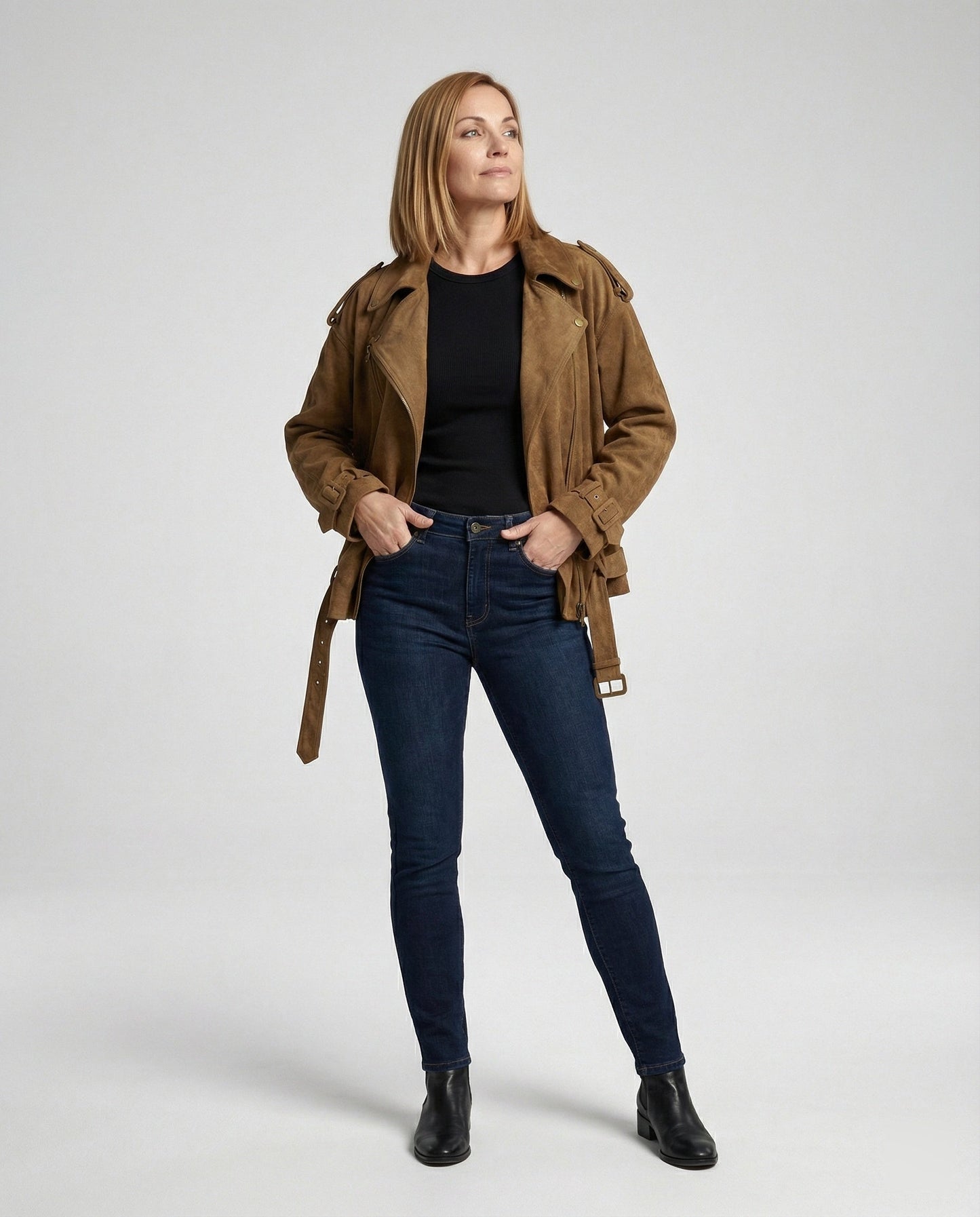 Weite Damen Bikerjacke Velours mit Taillengürtel Schwarz