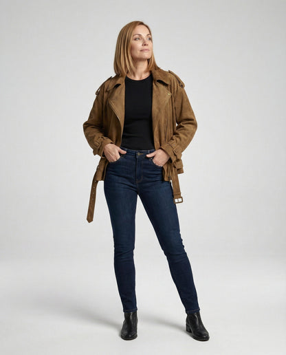 Weite Damen Bikerjacke Velours mit Taillengürtel Schwarz