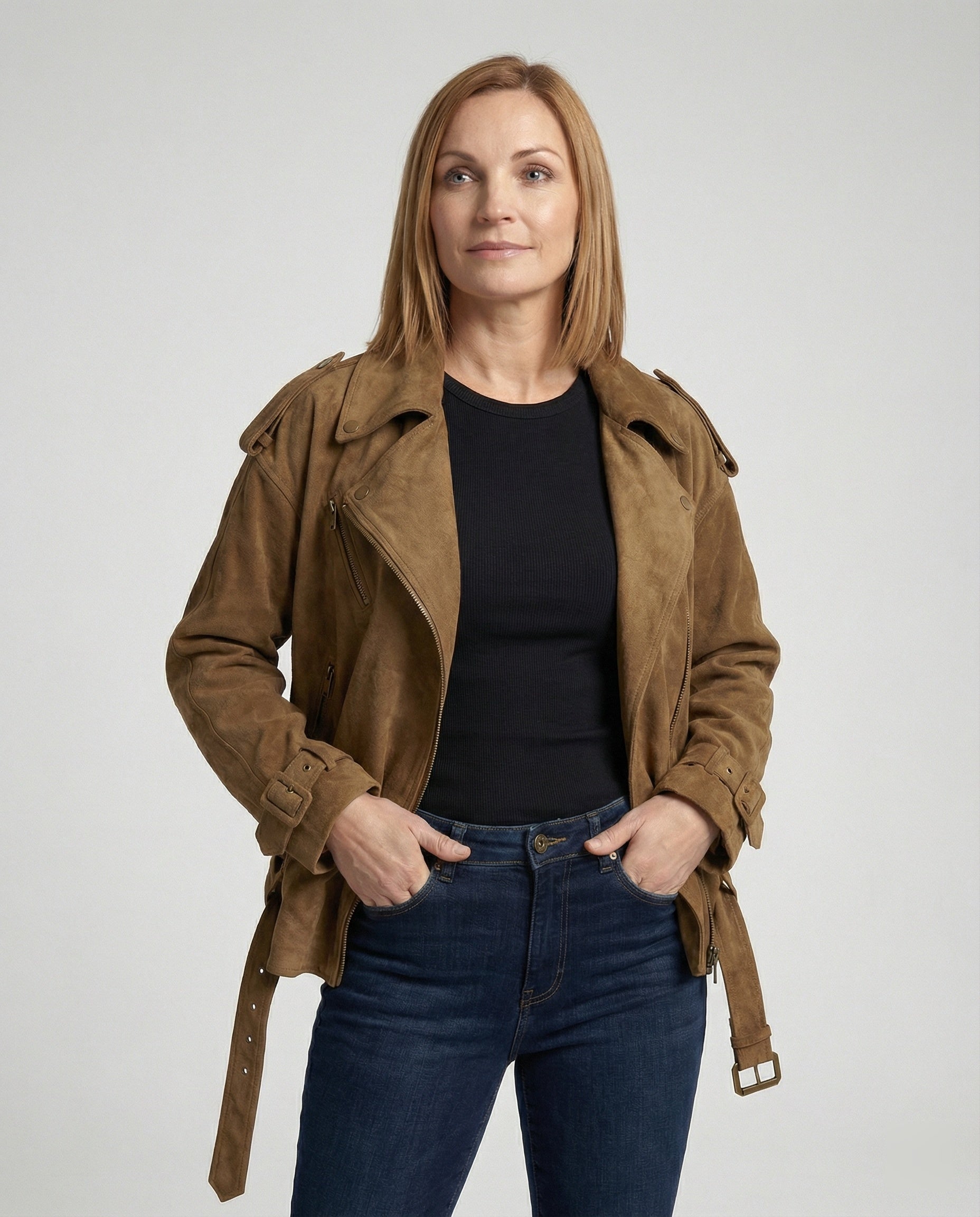 Weite Damen Bikerjacke Velours mit Taillengürtel Schwarz - BerlinGlamour